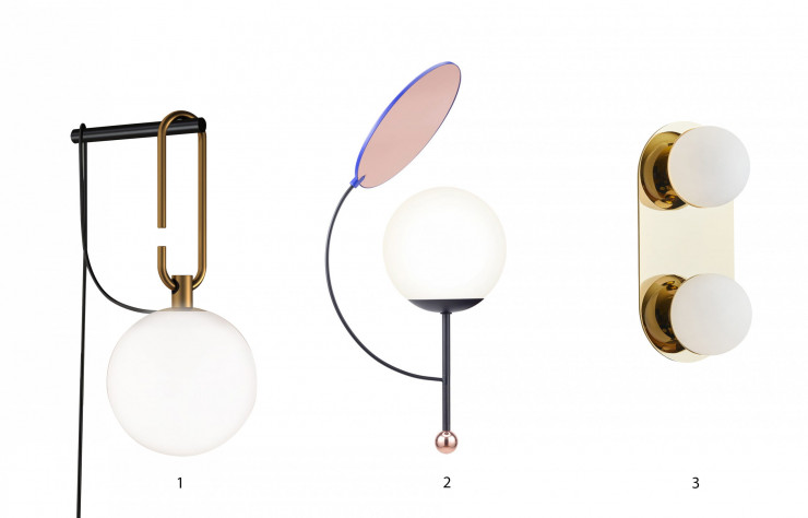 1/ Applique nh Wall en verre soufflé et en laiton brossé, design Neri&Hu, 250 €. Artemide.2/ Applique Sachi Sacha en métal, design Thomas Dariel, 474 €. Maison Dada.3/ Applique Lolita en laiton poli et verre sablé, 4 536 €. Humbert & Poyet sur The invisible collection.