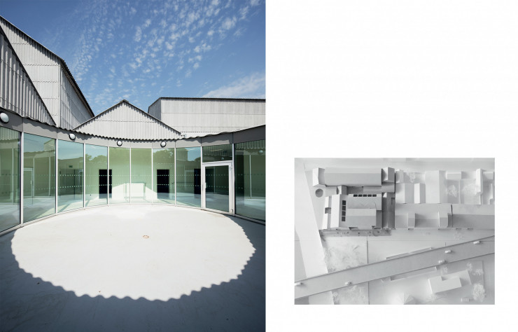 Lepatio circulaire, les trois grands gymnases et la maquette du Centre national des arts du cirque (CNAC), à Châlons-en-Champagne (51).