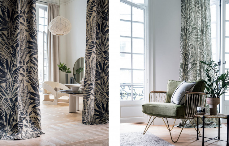 Rideaux en lin et tissu Kristen Color, collection « Pretoria », existe en trois coloris, 79 € le mètre de 129 cm de largeur. Casamance.