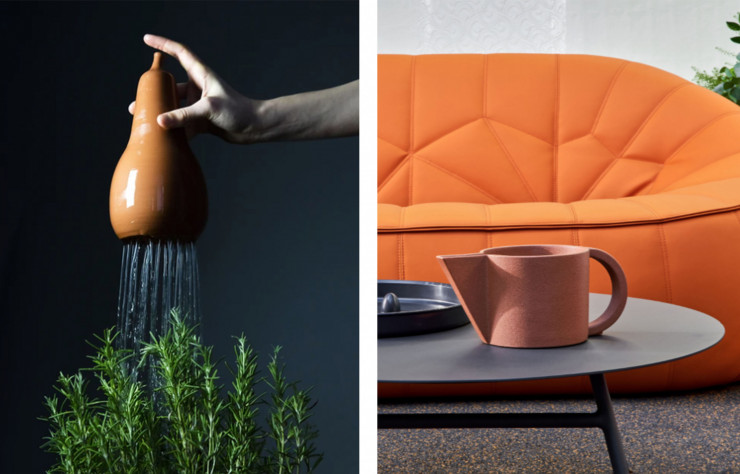 À gauche : Arrosoir Chantepleure en terre cuite, design Isabelle Daëron. 68 €, Bacsac. parispousse.frÀ droite : Arrosoir/pot de fleur Devon, design Lee West, en grès émaillé, 115 €, Cinna. madeindesign.com