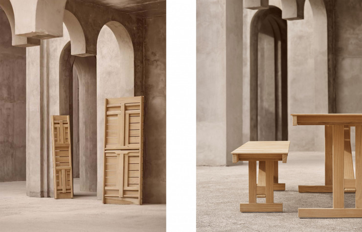 La table BM1771 et son banc sont faciles à ranger et stocker. Optez pour le mobilier pliable Carl Hansen.