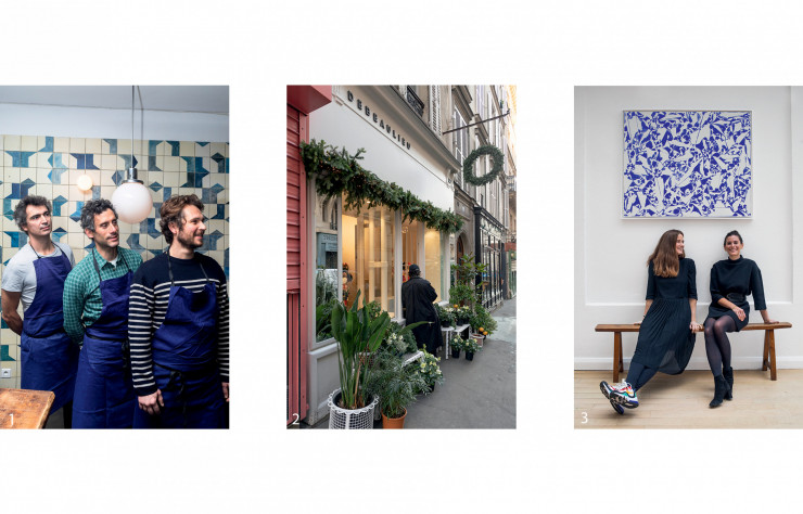 1/ Les trois compères de La Pantruchoise, une entreprise qui a essaimé ses bonnes tables, dans tout le quartier prennent ici la pause devant les carreaux très Gio Ponti de Belle Maison, leur restaurant iodé. 2/ La devanture de Debeaulieu, l’échoppe fleurie de Pierre Banchereau, dont les bouquets flamboyants, architecturés et fascinants comme des œuvres d’art éphémères, emballent les esprits créatifs. 3/ Sous une oeuvre de Laurent Karagueuzian sont assises Olivia de Fayet et Fanny Saulay, les deux jeunes fondatrices de la galerie Wilo & Grove, qui propose des œuvres d’art à prix abordables.