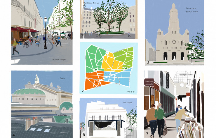 1/ Rue des Martyrs. 2/ Cité de Trévise. 3/ Eglise de la Sainte-Trinité. 4/ Opéra. 5/ Paris IXe. 6/ Villa Frochot. 7/ Passage Verdeau.