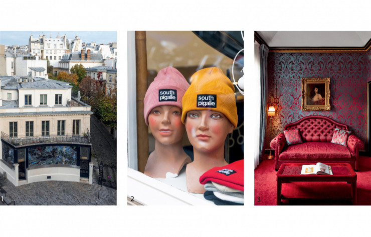 1/ Au premier plan, un vitrail qui s’inspire de la fameuse Vague d’Hokusai, vestige du cabaret Shanghai, place St-Georges. L’avenue Frochot qui le borde, chic, feuillue et privée, rassemble une collection d’incroyables hôtels particuliers. 2/ South Pigalle, c’est l’appellation américanisée donnée à l’hexagone inscrit au sud de la place Pigalle. Le terme connaît une telle fortune qu’on l’appose désormais sur les bonnets et autres articles de mode, ici dans une boutique de la rue Clauzel. 3/ La déco néo-cocotte de la Maison Souquet, ancienne maison close transformée en hôtel de luxe sous les auspices décoratifs de Jacques Garcia.  maisonsouquet.com