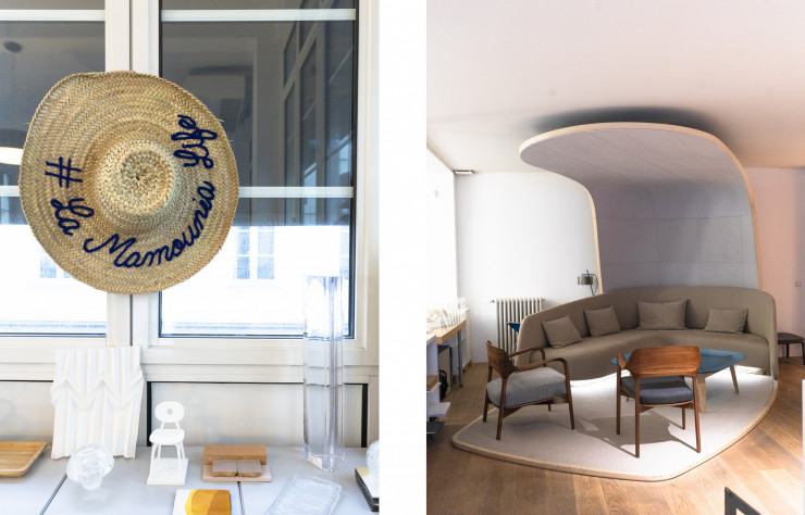 À gauche : Chaque projet mené pour un client est une expérience nouvelle et sensible. Détail d’un bureau : un souvenir du temps nécessaire au suivi des chantiers, à Marrakech, pour le palace La Mamounia (2020).À droite : Le prototype du Salon sonore, une collection de souvenirs présentée en 2016 à l’occasion de l’exposition « AD Intérieurs, l’univers du collectionneur » à la Monnaie de Paris, occupe l’accueil de l’agence, complété d’un fauteuil Louis et d’une chaise Ella, signés Patrick Jouin (Porada).