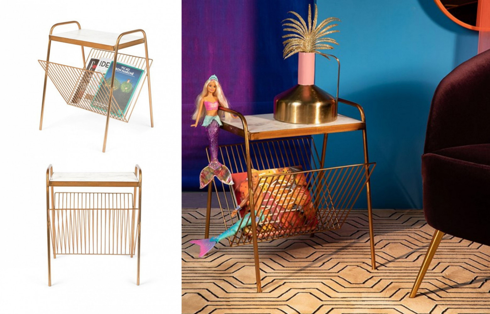 4/ Table d’appoint/porte-revues Keep It Tidy, en métal et marbre, 149 €. Bold Monkey.