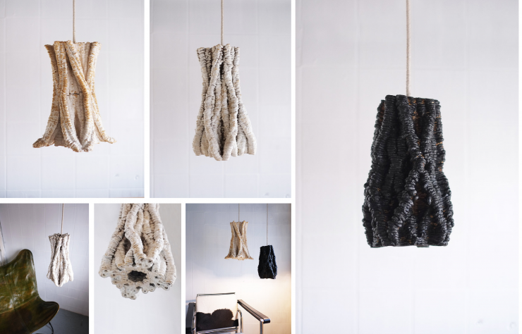 Lampe suspendue imprimée en 3D fabriquée à partir de mycélium de reishi séché (racines de champignons) cultivé sur des déchets de carton.