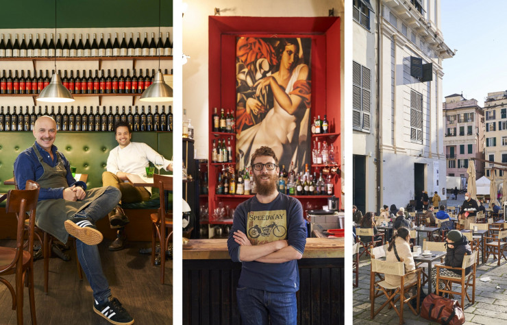 De gauche à droite : Felice Zingarelli et Alessandro Massone, deux compères, qui se sont connus à l’école hôtelière et ont fondé la trattoria Rosmarino, décorée par DLA Studio. Le premier s’y occupe des vins, le second, de la cuisine. / Le bar-restaurant Les Rouges déploie, dans les étages secrets d’un palazzo, de hautes sophistications. / Aperitivo sur le port de Gênes.
