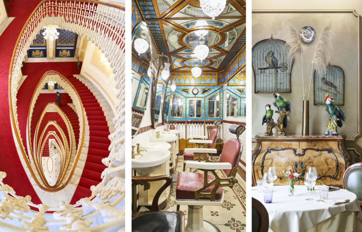 De gauche à droite : Extraordinaire ovale en colimaçon, l’escalier Belle Époque du Bristol Palace aurait inspiré à Alfred Hitchcock ses Sueurs froides (Vertigo en VO). / Niché dans une ruelle du centre historique, le salon de coiffure Giacalone, bijou des années 20 paré de vitraux Art nouveau et rénové dans les années 90 par la fondation FAI. / Décoré comme un cabinet de curiosités, le restaurant Salgari est la table huppée du Grand Hotel Savoia.