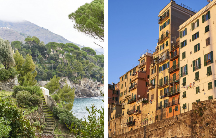 Dans le quartier côtier de Nervi, ourlé de falaises et de criques, un jardin romantique (et public) plein de dénivelés et de pins parasols entoure la villa Luxoro. / Sur la Mura della Marina, ancien bout de rempart médiéval qui fait face au port, des maisons colorées se sont empilées au fil des siècles, typiques de l’urbanisme génois qui compose comme il peut avec le relief et l’Histoire.
