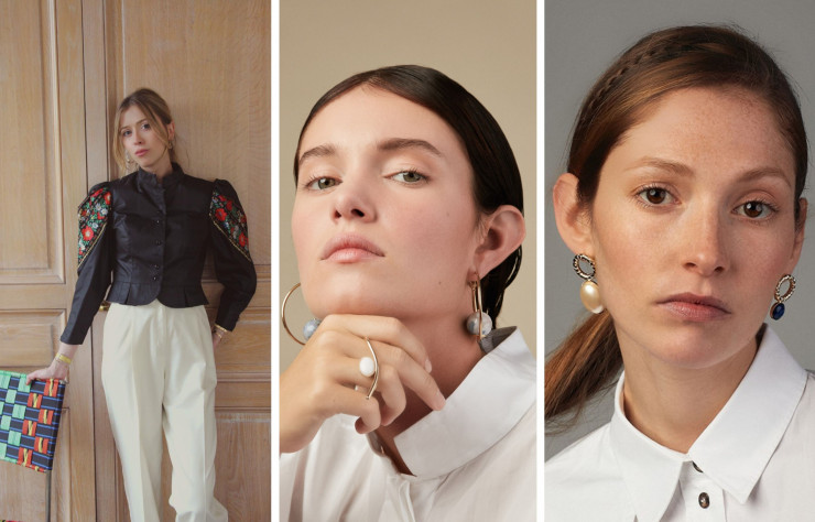 De gauche à droite : la co-fondatride d’Estree Géraldine Guyot,  double-bague Louise réalisée à la main en laiton plaqué or et  boucles d’oreilles originales Mini Sonia.