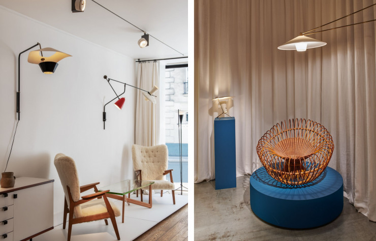 De gauche à droite :  Exposition « Paris-Basel : French Design Masterpieces » (2020) / Lors de l’édition 2019 du salon Design Miami/Basel, à Bâle, Pascal Cuisinier a mis en lumière sur son stand le très célèbre fauteuil Soleil, de Janine Abraham et Dirk Jan Rol (1958), ainsi que la lampe G24 (1953) et l’applique G12 (1951) de Pierre Guariche.