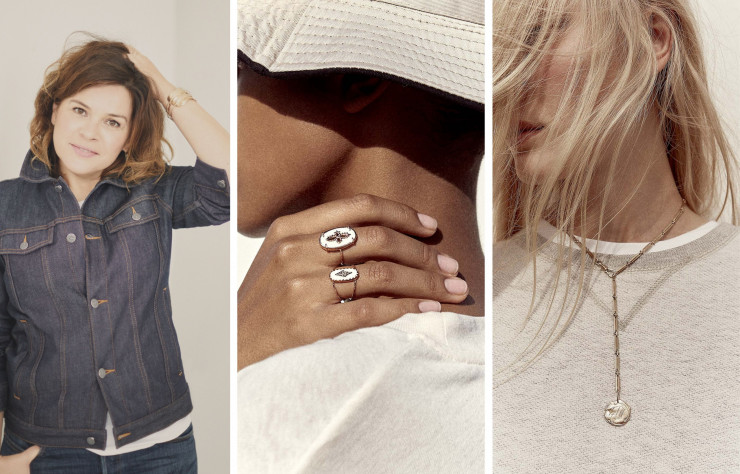 De gauche à droite : la créatrice Pascale Monvoisin, bague Sunday Courtoise et Collier personnalisable Numéro 2. Choisie par ses soins, chaque pierre est unique.