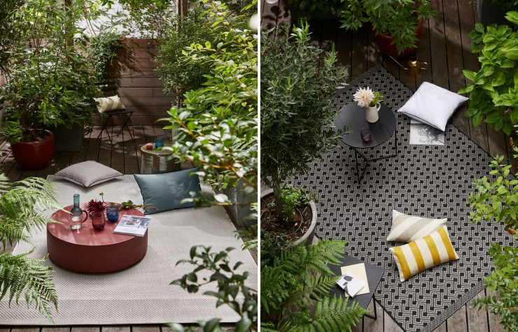 A gauche : Tapis de sol Gotie gris, en polypropylène, à partir de 29 € (Madura). A droite : Tapis « Hopis », en polypropylène 100% recyclable, existe en quatre dimensions, à partir de 39 € (Madura).