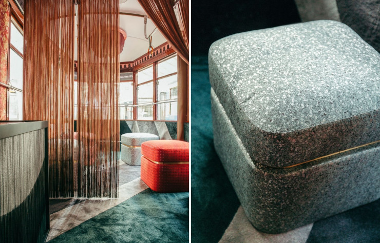 Poufs « Balsamini Tramcorallo » dans le tram milanais.
