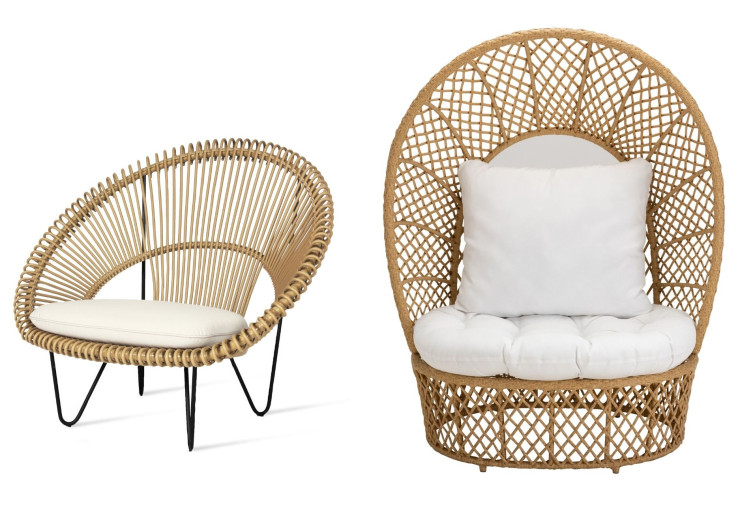 A gauche : Fauteuil Roy Cocoon, structure en aluminium, piètement en acier, assise en osier polyéthylène tressé et en tissu, 1115,08 €. Vincent Sheppard sur M-ydesign.com.A droite : Fauteuil Julietta en rotin et en acier, 449 €. Alinéa.