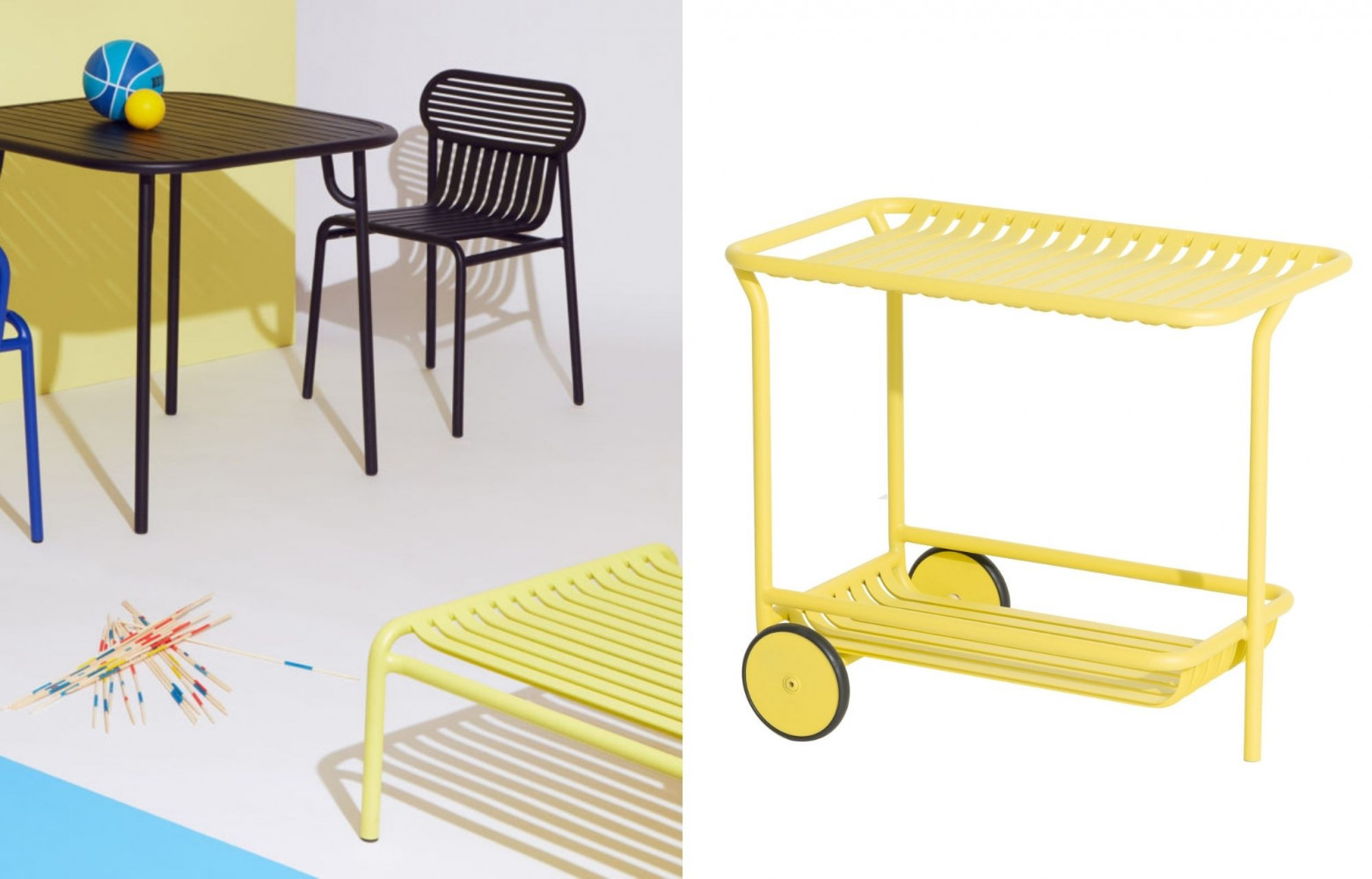 A gauche : Collection Weekend de Brichet Ziegler (Petite Friture). A droite : Desserte à roulette Weekend...