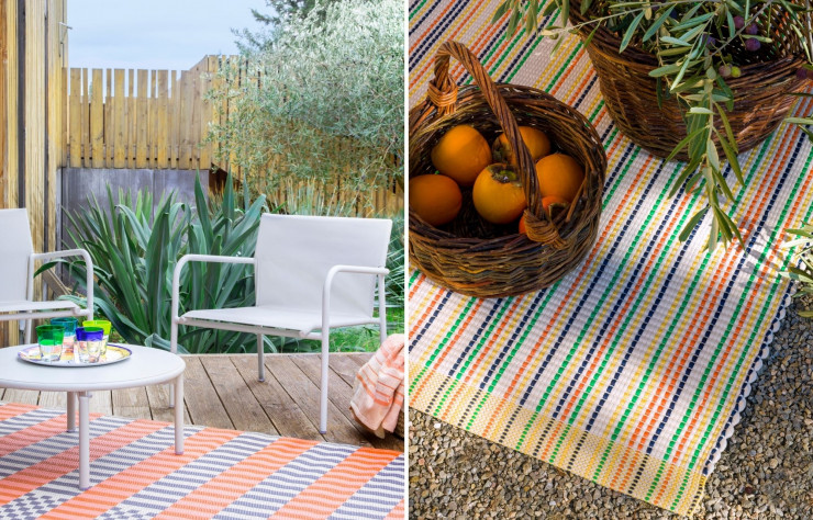 A gauche : Tapis « Solal » en polypropylène, Design Floriane Jacques. 49 € (Habitat). A droite : Tapis sur mesure « Rayol », en polypropylène premium, tufté à la main effet natté. Collection « Soleil d’été », 495 € le m2 (Pierre Frey).
