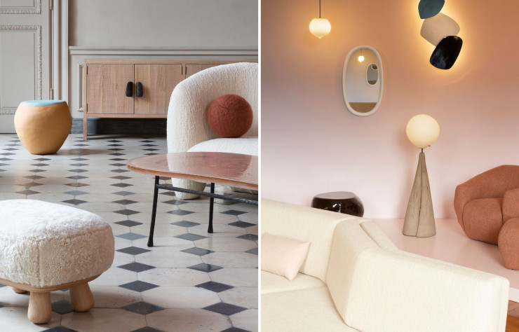 A gauche : Canapé « Daniel », « Table basse Quinn » et « Ottoman Clifford ». A droite : canapé « Saint Tropez », Lampadaire Marsha en terre chamottée signée de la céramiste Armelle Benoit.