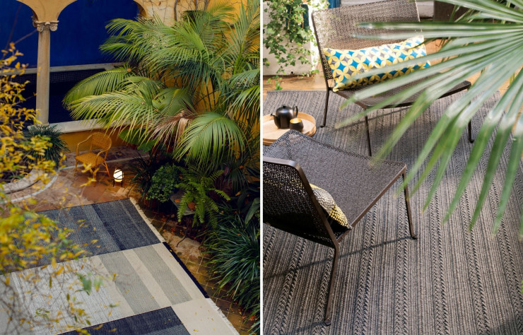 A gauche : Tapis outdoor « Tres Salvia »,  en PET recyclé , design Nani Marquina et Elisa Padron, à partir de 1 160 € (Nanimarquina). A droite : Tapis outdoor-indoor « Torsade », en polypropylène, divers coloris, existe en trois dimensions, à partir de 768 € (Toutlemonde Bochart).