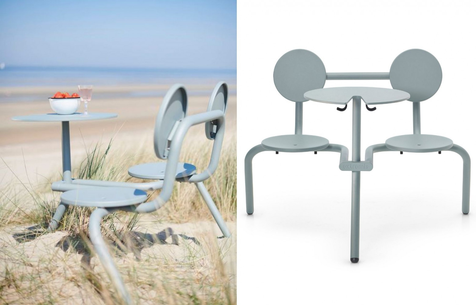 Ensemble intégré à deux places Bistroo en aluminium, 1 542 €. Extremis.