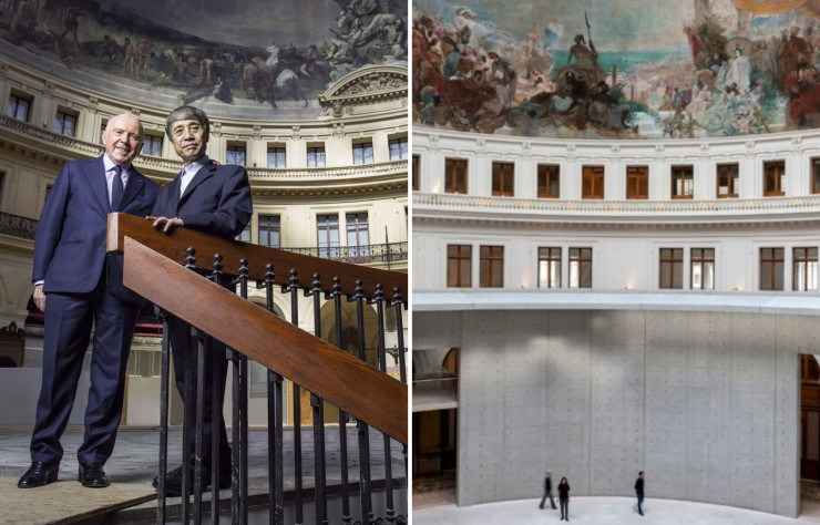 François Pinault et Tadao Ando dans la Bourse du commerce, à l’occasion de son inauguration le 22 mai 2021.