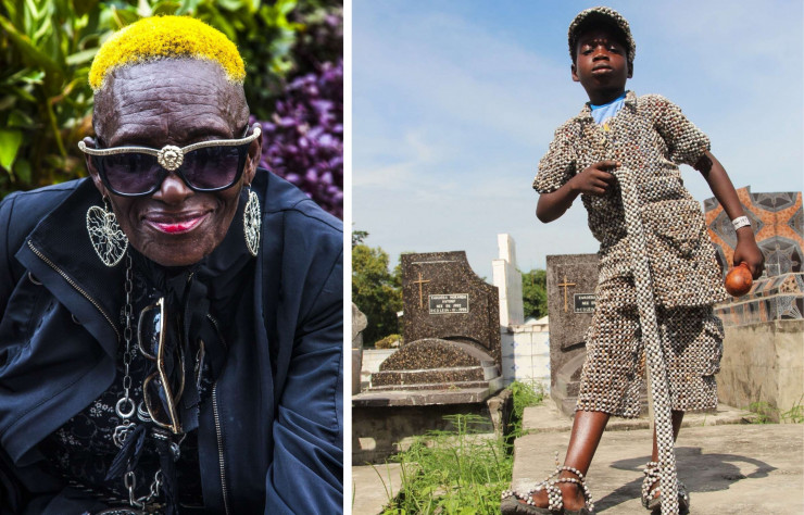 La série « Vanité apparente » met notamment en scène une vieille femme au look incroyable et un un jeune garçon vêtu d’un costume en perles dans un cimetière.
