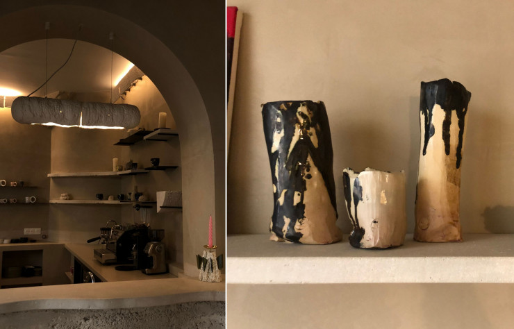 Delphine Sauvaget a créé l’aménagement intérieur ultra-cosy de Chapelle XIV en distillant des couleurs chaudes et pastels. Oeuvre de l’artiste Odatempo. 