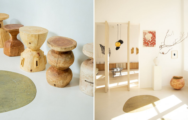 A gauche : Sculptures en bois de rebut du studio Zougei. A droite : Vue de l’exposition « La beauté du geste ».