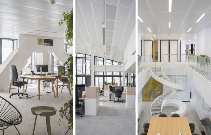 Du quatrième au cinquième étage, on retrouve les espaces de bureaux dédiés aux journaux du groupe Le Monde, meublés par Hay.