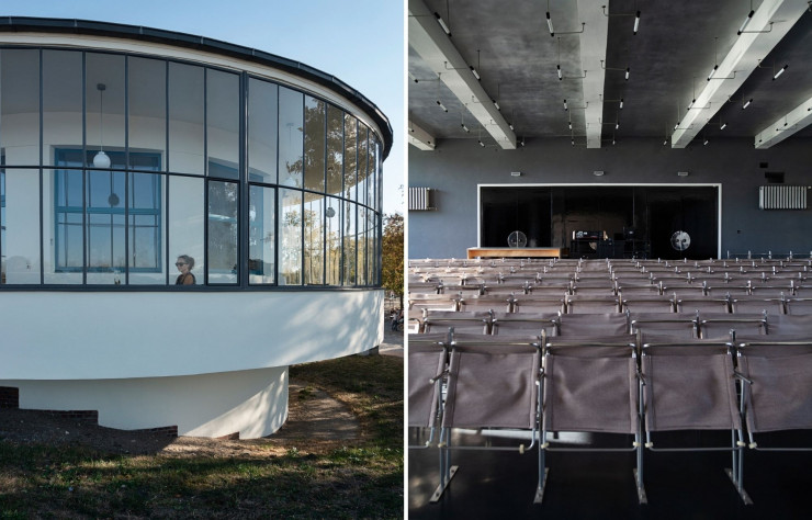 A gauche : A Dessau, signée Carl Fieger, la rotonde du restaurant Kornhaus. A l’intérieur, de la fourchette au portemanteau, tout rappelle les trois âges d’or du Bauhaus. A droite : Salle de conférence de l’école du Bauhaus.