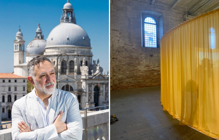 A gauche : Pour l’architecte libanais Hashim Sarkis, commissaire de la 17e Biennale de Venise, le vivre ensemble est une question cruciale, alors que les clivages et les inégalités ne cessent de s’accroître. A droite : Pour son installation à l’Arsenal, Valentine Guichardaz-Versini propose une allégorie de la yourte. Une installation immersive qui donne à entendre les témoignages des résidents du centre d’hébergement d’urgence d’Ivry-sur-Seine, projet qu’elle a réalisé en 2017, et répondant à la question posée par le thème de la biennale.