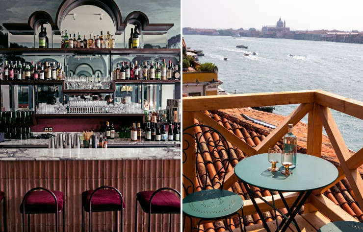 A gauche : Le bar à vin du restaurant met à l’honneur les producteurs régionaux. L’hôtel dispose aussi d’un autre bar, conçu par Cristina Celestino. A droite : Les chambres sur le canal de la Giudecca ont une vue imprenable sur le dôme de San Giorgio Maggiore et, juste en face de l’hôtel, sur l’impressionnante architecture industrielle du moulin Stucky.
