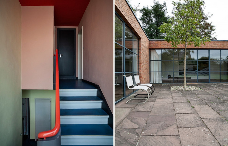 A gauche : Symphonie de couleurs ultra-graphiques dans les escaliers du Bauhaus de Dessau. A droite : A Berlin, la cour de la maison Lemke, signée Mies van der Rohe.