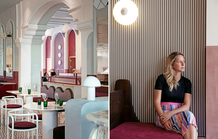 A gauche : Le Ristorante Adriatica. Dans cette architecture fortement marquée par les influences byzantines et gothiques, Dorothée Meilichzon a voulu inscrire un décor aux lignes épurées inspiré des années 50. A droite : Dorothée Meilichzon, qui a signé l’architecture intérieure de la plupart des adresses de l’Experimental Group, mélange les styles et les univers pour créer des lieux à l’atmosphère unique et raffinée.