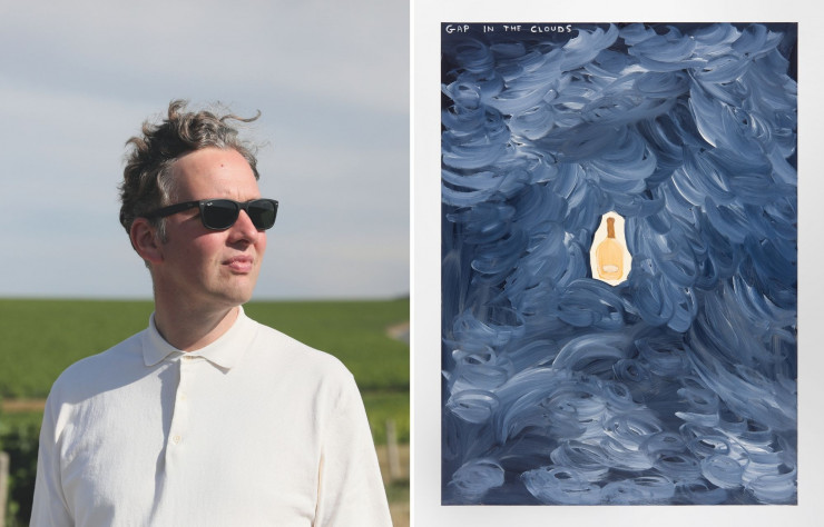 L’artiste britannique David Shrigley et une des œuvres réalisées chez Ruinart.