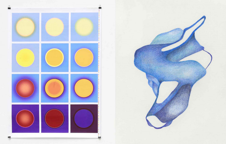 Gauche : Fanette Mellier — Planche d’impression du livre Au soleil (deuxième édition), Éditions du livre, 2020 – Format 70 X 100 cm, impression offset © Philippe Costes. Droite : Constance Guisset, Ghost – Dessin 2020 © Constance Guisset Design © Adagp, Paris, 2020