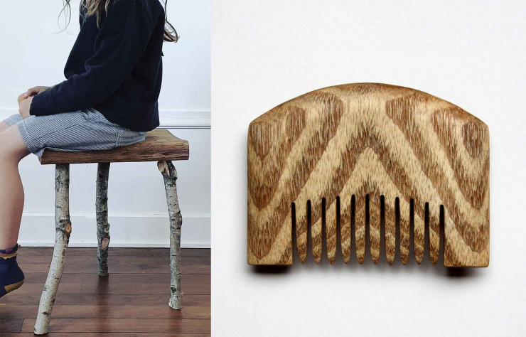Gauche : Erwan Bouroullec, Tabouret, 2020 – Bois. Droite : Marion Delarue — Peigne kushi – Tennennomono 1, 2019-2020 © Marion Delarue