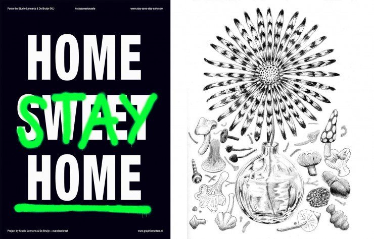 Gauche : Stay Sane, Stay Safeis an initiative by Studio Lennarts & De Bruijn and overdeschreef —2020© Studio Lennarts & De Bruijn. Droite : Manuel Warosz — Lockdown Flower #13 – Crayon sur papier, 2020