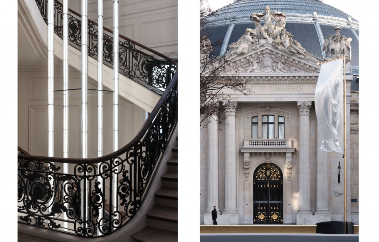 A l’entrée de la Bourse du Commerce, les drapeaux argentés de Ronan et Erwan Bouroullec claquent au vent en réfléchissant la lumière. Les designers ont aussi conçu les bancs qui entourent la place.