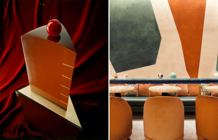 A gauche : La Cerise sur le gâteau, sculpturale dacquoise au chocolat conçue par Pierre Hermé en 1993 avec Yann Pennor’s, pionnier du design culinaire. A droite : La boutique Pierre Hermé & L’Occitane des Champs-Elysées conçue par Laura Gonzalez.