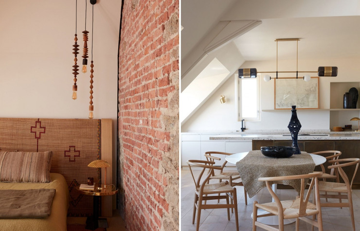 A gauche : Sous les rampants du toit, la chambre parentale et son style ethnique invitent au voyage. Tête de lit réalisée avec une natte mauritanienne ancienne, collection « La Maison générale ». A droite : Chaises Wishbone de Hans Wegner (Carl Hansen & Son) autour de la table de cuisine.