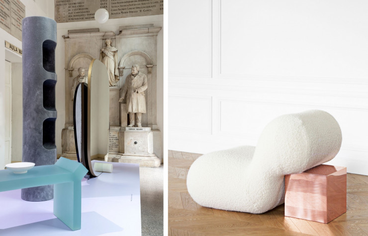 De gauche à droite : Tabouret Constantin de Francesco Balzano coulé dans un solide bloc de résine et le Fauteuil Achille – Piscine.