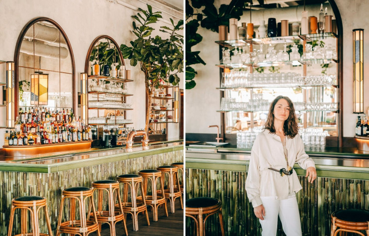A gauche : Derrière le restaurant, le bar fait cohabiter cocktails, trattoria et pâtisserie. Il est recouvert de sections de troncs de bambous en céramique vernissée. Une création dessinée par Fanny Perrier et réalisée à Venise par BottegaNove. Le plan de travail est en lave émaillée. A droite : La designer et architecte d’intérieur Fanny Perrier signe au Perchoir, porte de Versailles, un jardin suspendu urbain.