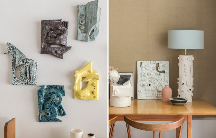 A gauche : Bas-relief mural réalisé par Olivia Cognet durant sa résidence à Valauris. A droite : Lampe et vases en argile blanche.