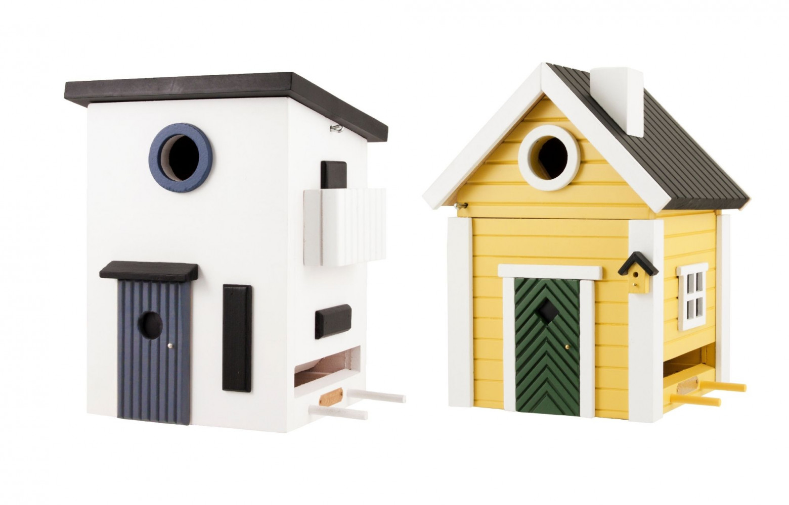 A gauche : Mangeoire Multiholk maison moderne en mélèze massif, 59,50 €. Wildlife Garden. A droite : Mangeoire...