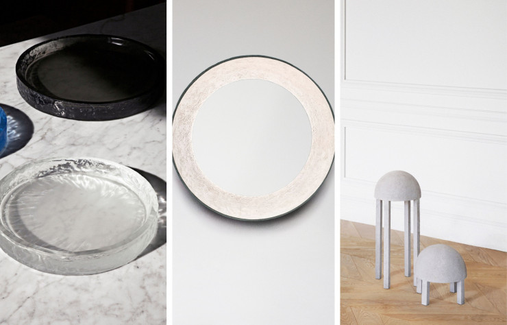 De gauche à droite : Garnier Linker – Centre de table en cristal. Miroir Bol d’Emmanuelle coulé dans un plâtre extra-résistant et Lampe Méduse également coulée dans un plâtre extra-résistant et un système LED équipé d’un variateur permet de régler l’intensité lumineuse.