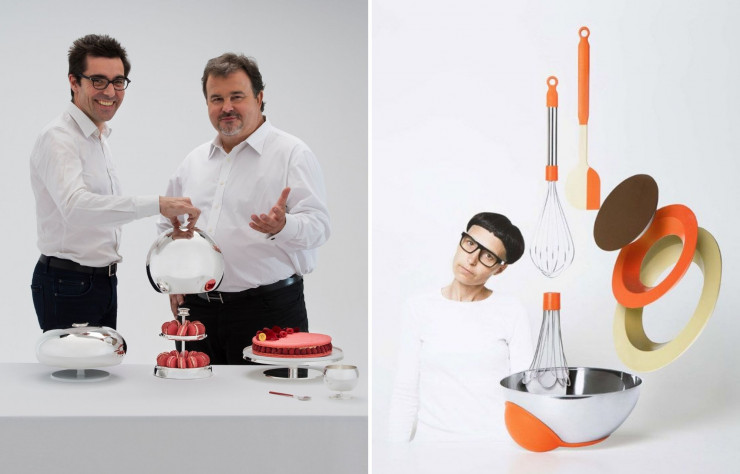 A gauche : Pour la Maison Puiforcat, le pâtissier et le designer Patrick Jouin ont imaginé « Argent Gourmand », une collection d’orfèvrerie qui revisite le cérémonial de la dégustation. A droite : La collection d’ustensiles dessinée avec la designer Matali Crasset pour Alessi.