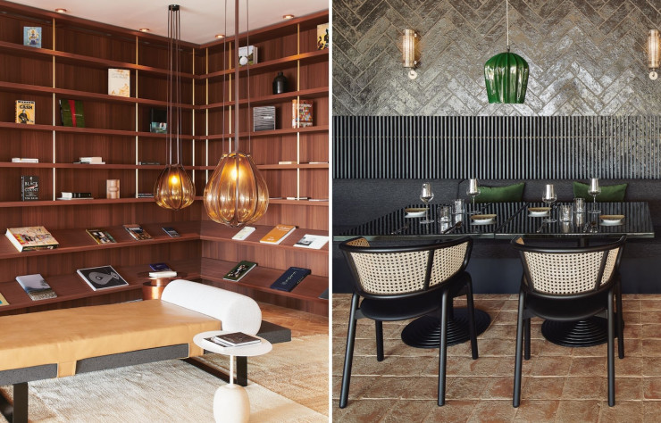 A gauche : Salon de Hôtel Maslina Resort. A droite : Salle de restaurant de l’hôtel dessiné par Léonie Alma Mason.