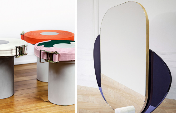 De gauche à droite : Services Généraux – Table Sangle composée d’une base en béton coulé et d’une composition de sangles organiques résistante. Joris Poggioli – Miroir Ellsworth d’un miroir cerclé de laiton, d’un panneau arrière laqué et d’un pied en onyx massif.